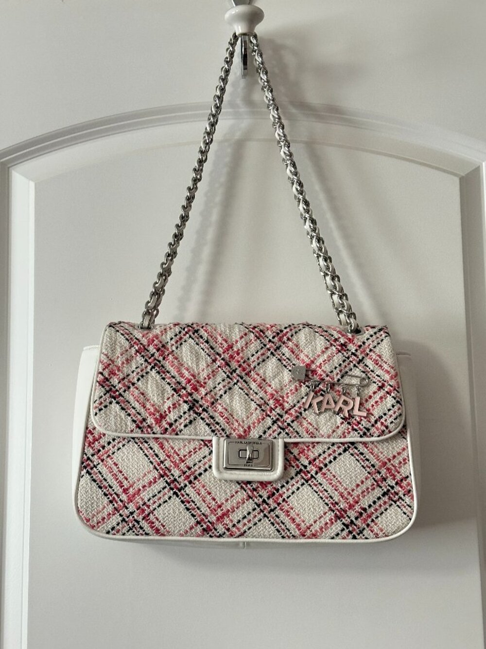 BRAND NEW w tags Karl Lagerfeld Agyness Pink and White Tweed Plaid Shoulder Bag